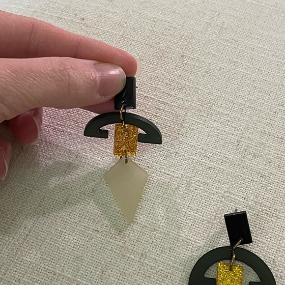 Handmade Geometric Black and Gold Dangle Earrings - Picture 2 of 3